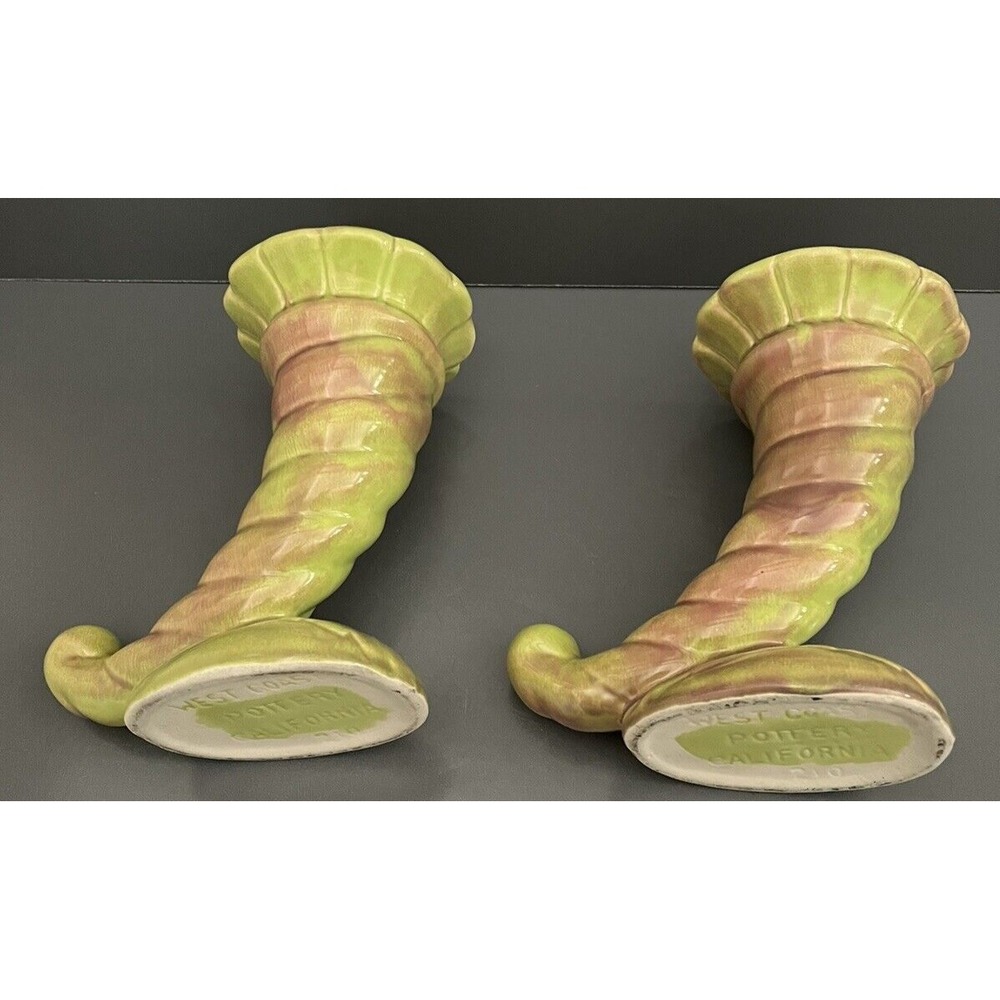2 Vases West Coast Pottery California 210 Cornucopia Horn Vase Art Deco Vintage - Picture 10 of 10